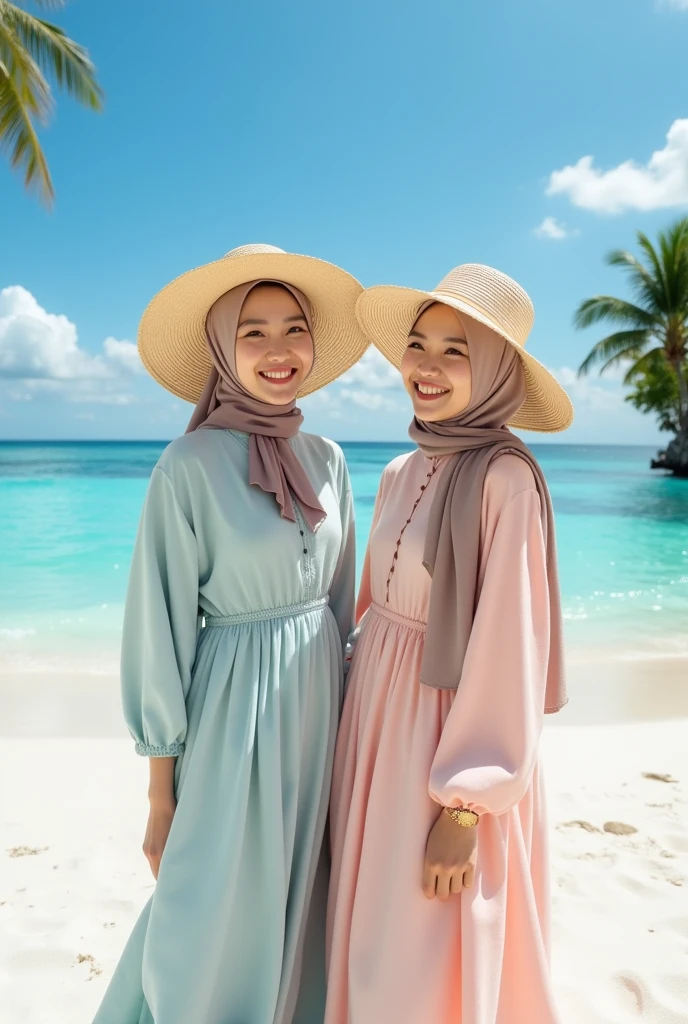 two indonesian hijab lesbian girl,wearing swimsuit,hugging,kissing,realistic,hd details,look to the viewer,beach background,