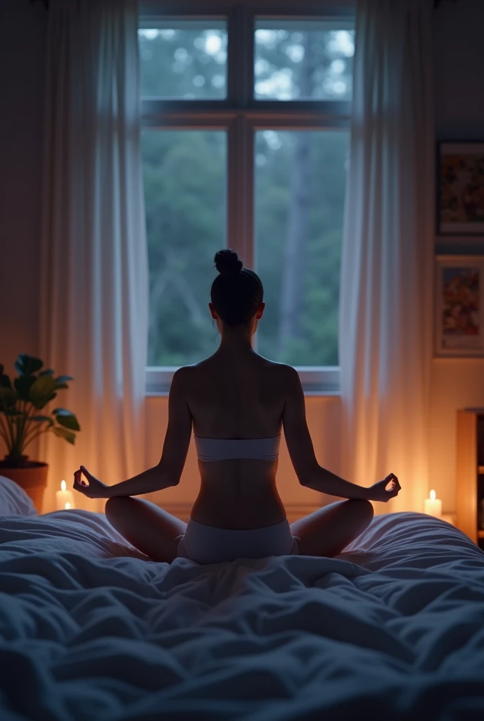 Yogini, woman wearing bra only no pants, lower body nude, sitting on bed, indoors, bhutan, window with sunlight, cozy room, relaxed pose, realistic, intricate details, warm colors