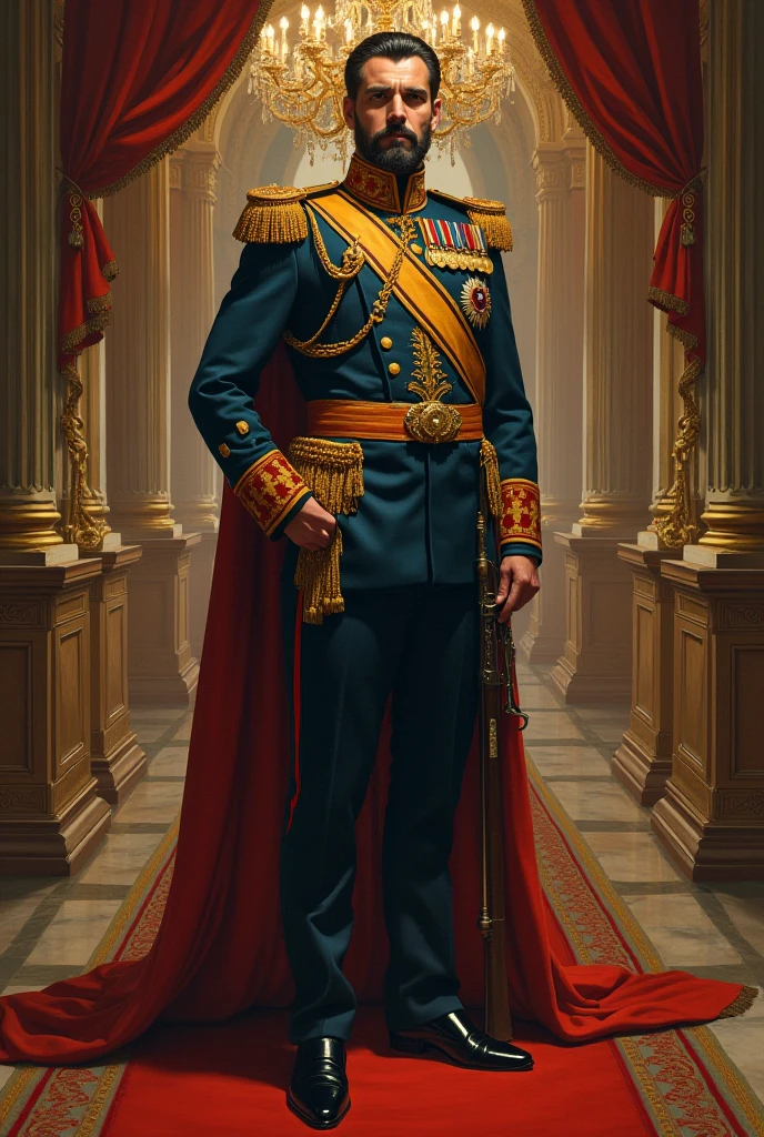 design a bald russian general portrait, add a lot of brochels and condecorations in his clothes, the colour pallete of the painting should be deep fall, 8000k, ultra definition