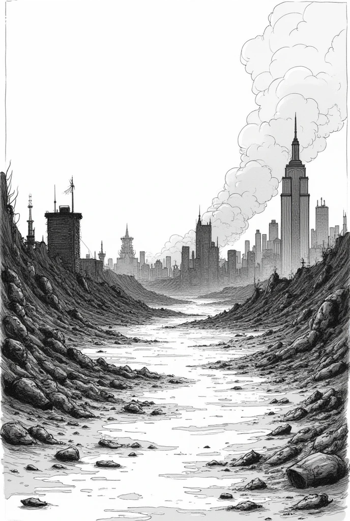 Nuclear-contaminated Earth and Humans Black and white painting