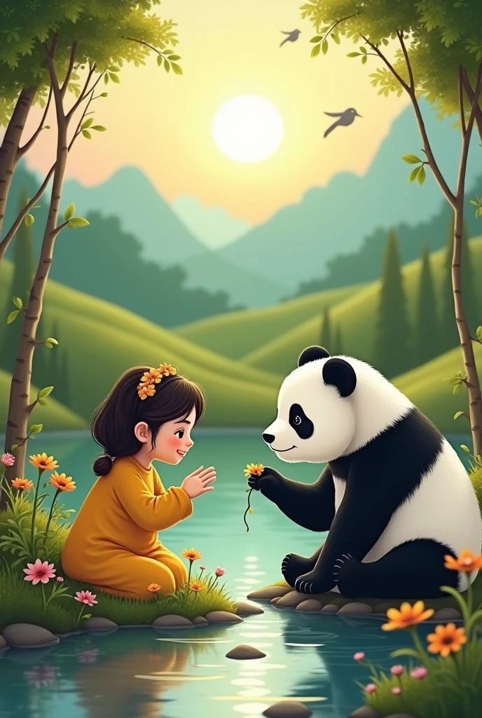 Napping Under the TreesThe boy and the panda are peacefully napping under the shade of tall bamboo trees. The panda is curled up beside the boy, who is lying down with his arms behind his head, a peaceful smile on his face. Sunlight gently filters through the leaves, creating a serene and calming atmosphere.
