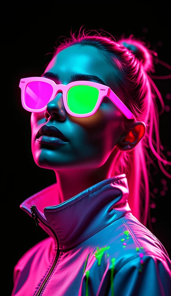 A vibrant neon-style portrait of a futuristic woman wearing bright pink ...