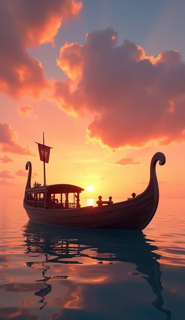 There was a boat floating in the water,There is a cloud in the sky, fantasy. gondola boat, viking ship, on background red lake on fire, realistic fantasy rendering, surreal scene, fantasy sea landscape, rendering, (rendering by octane) Fantasy style, High quality fantasy stock photo, arcane style viking battleship, (fantasy), highly detailed surreal vfx