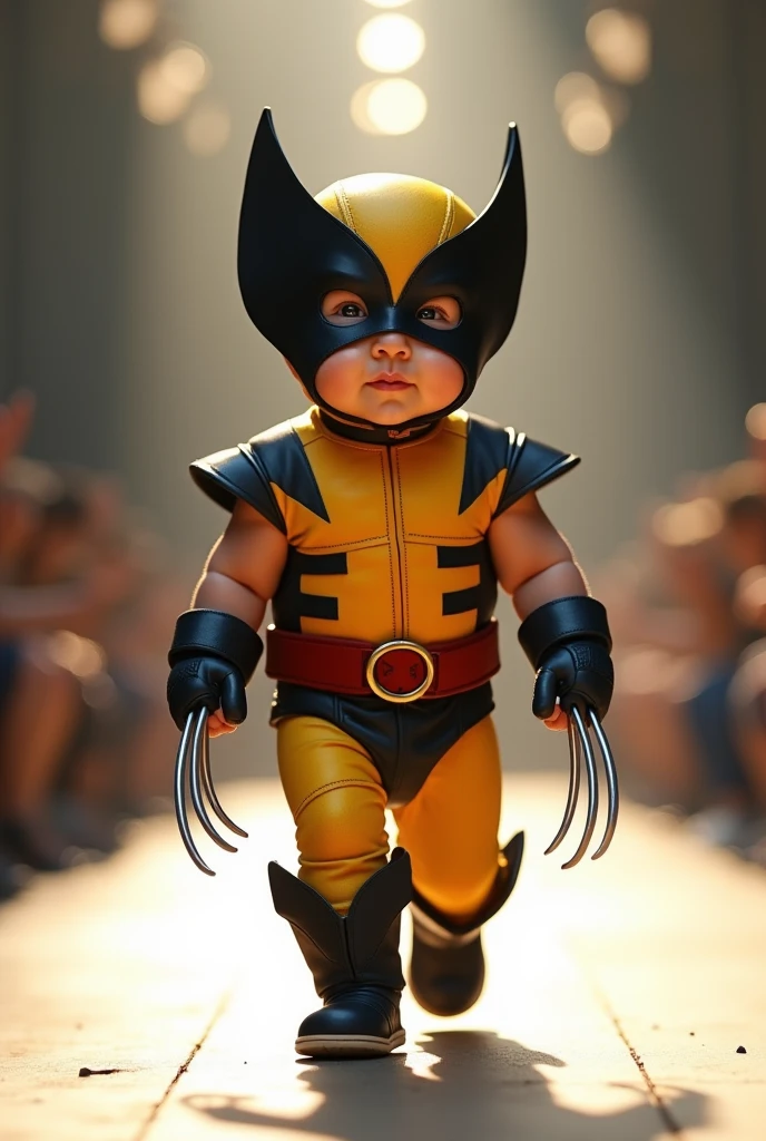 Cute baby dressed as Wolverine in realistic full body fashion show