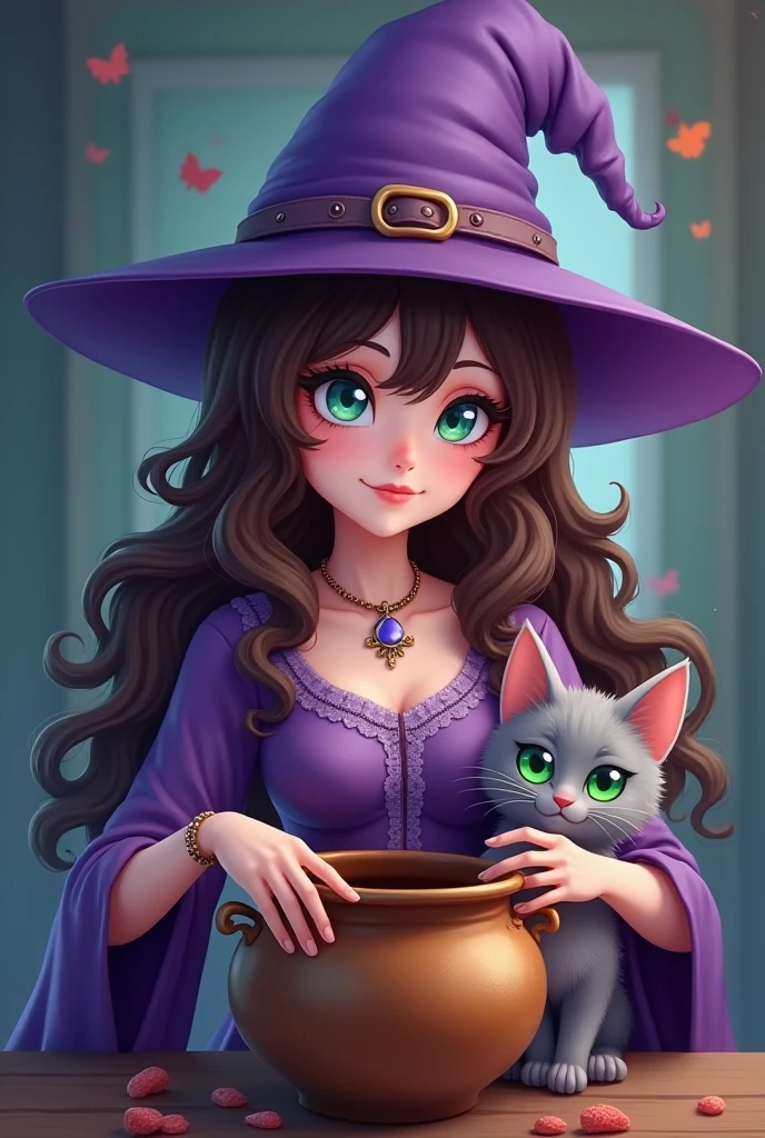 witch, gracefully sitting playing with a black kitten,magical background
