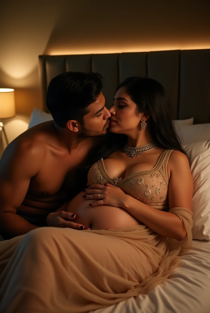 A fat women in white saree romance with Indian 20 years boy, kissing and navel press in bed