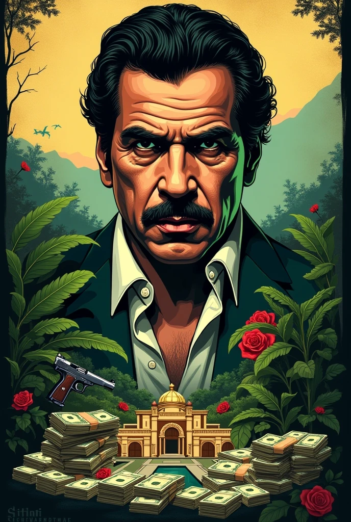 Holy in the Mexican style Jesus Malverde, holy mexican mafia, green suit, mustache and white button-down shirt, lord of marijuana and drug trafficking , print for shirt, vectorial , contrasting colours, no beard just mustache, shorth hair, red rose and weapons , cartel, marijuana leaf, intimidating man, 40 year old, rich year 80