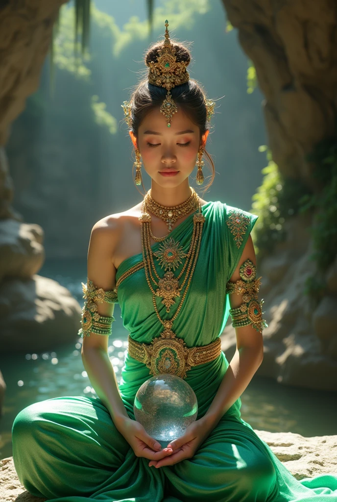 (realistic:1.37), Indonesian woman in the Majapahit royal dynasty, (long black hair:1.1), (beautiful detailed eyes:1.1), (beautiful detailed lips:1.1), queen-like, (red kemben), (small gold necklace), royal attire, (floating meditation:1.1), (energetic bursts:1.1), (unreal machine 5), absurdres, volumetric color lines, (blue red white lighting), (intense gaze to the camera:1.1), rainforest background