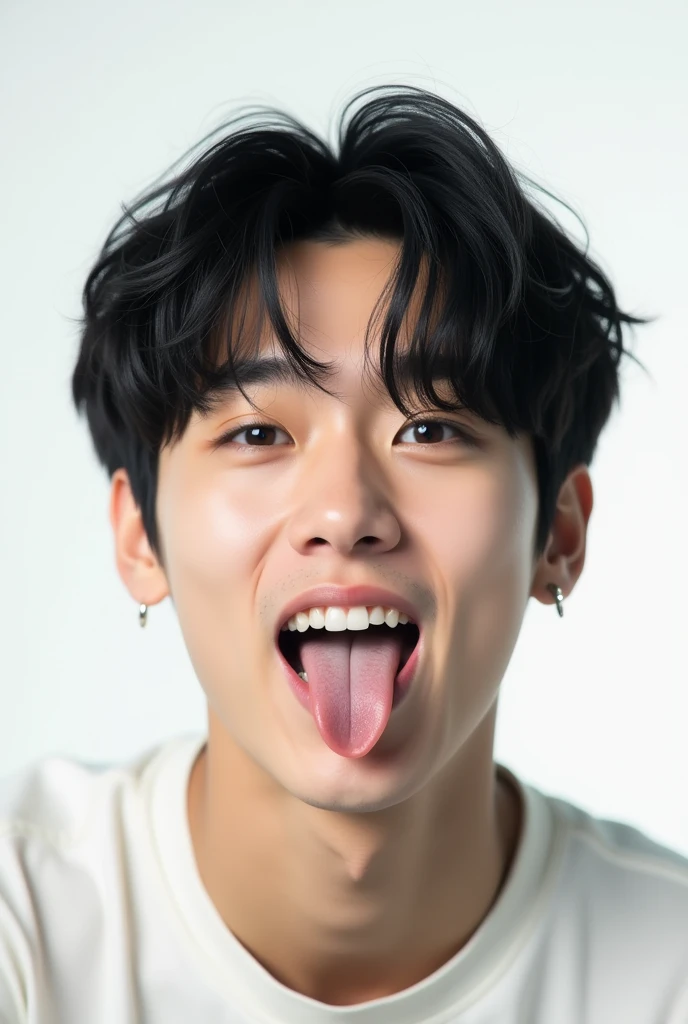 A shirtless Korean male teenager, leaning on his knees sticking out his pointed tongue while saliva drips from his mouth