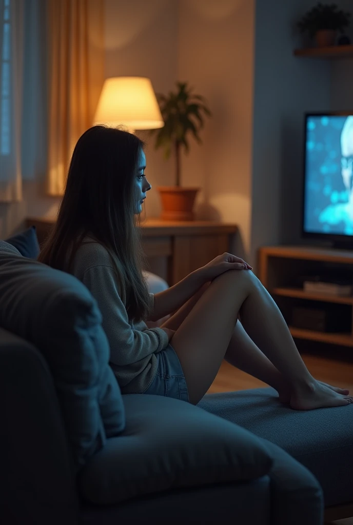 A tennager laying on a couch watching television and using a remote controller, late night melancholic photo, watching television, very accurate photo, melancholy look. The photo shows the profile on the left and the television on the right in front of the teenager