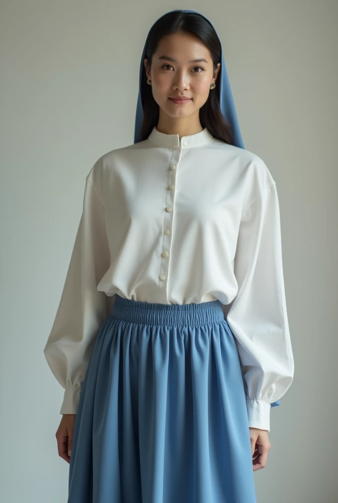 A wearing a turquoise blue long-sleeved shirt, White pleated skirt with straight line on the side in gold, Simple golden shoulder pads, gold tie, black shoes and turquoise blue beret