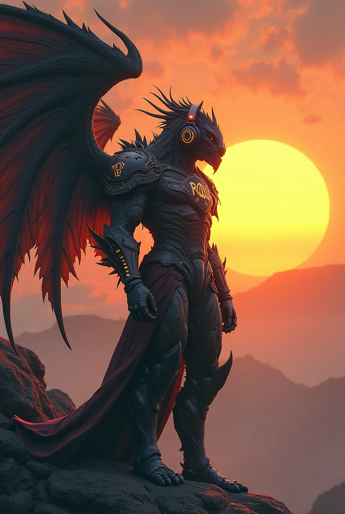 MOUSTRO in armor with large headphones and wings looking at the rising sun with RQS logo