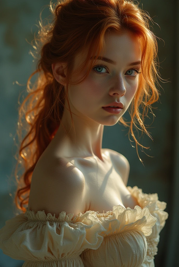 (solo, full body photo:1.3), (action packed:1.3), (haze, fog, mist:1.3), chiaroscuro, best quality, photorealistic, 1woman, (cute), (24yo:1.2), redhead, long ginger hair highly detailed, 1700'S, digital photography, art by artgerm and ruan jia and greg rutkowski surreal painting gold butterfly filigree, broken glass, (masterpiece, sidelighting, finely detailed Fashionable eyes: 1.2) (perfect oval large eyes that gazes at the viewer), beautiful detailed face, blue gorgeous perfect eyes, (blonde hair ponytail), (attractive young woman:1.3), (thick amazing hair), (seductive:1.1), (blushing:1.1)