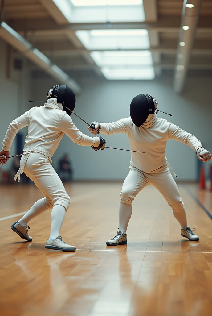/imagine prompt: color photo of a modern fencing training hall, where the coach guides the children as they train with focused determination, executing swift and precise movements The color photo portrays a modern fencing training hall filled with the energy and enthusiasm of young athletes. In the center of the frame, the coach stands confidently, providing guidance and instruction to the children who are fully engrossed in their training. The children exhibit a remarkable level of concentration and dedication as they diligently practice their fencing techniques. Their movements are swift and precise, reflecting their commitment to mastering this elegant and strategic sport. Each lunge, parry, and riposte is executed with an impressive level of skill and agility. The coach, with a watchful eye, imparts wisdom and expertise, offering guidance on form, strategy, and technique. Their presence is reassuring, instilling confidence in the young fencers and motivating them to push their limits. The training hall is designed to optimize the athletes' performance, with ample space for footwork drills and maneuvering. The sleek and modern architecture of the hall enhances the ambiance, creating an environment that fosters focus and determination. Captured with precision and clarity, the photo showcases the fluidity and grace of the fencers' movements. The colors are vibrant, capturing the intensity and dynamism of the scene. The lighting is carefully balanced, highlighting the athletes' determination and the coach's expertise. Camera Model: Canon EOS 5D Mark IV Film Type: Digital Lens: Canon EF 70-200mm f/2.8L IS III USM Techniques: Capturing swift movements with fast shutter speed, emphasizing the athletes' focus and determination —c 10 —ar 2:3