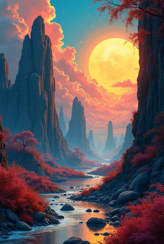 (Tang Feng),(A cliff illuminated by a huge moon),A poet standing on the edge of a cliff,Toast to monthly drinking,Silvery-white moonlight shines on the pitch-black valley,(First-person ultra-long-range view)