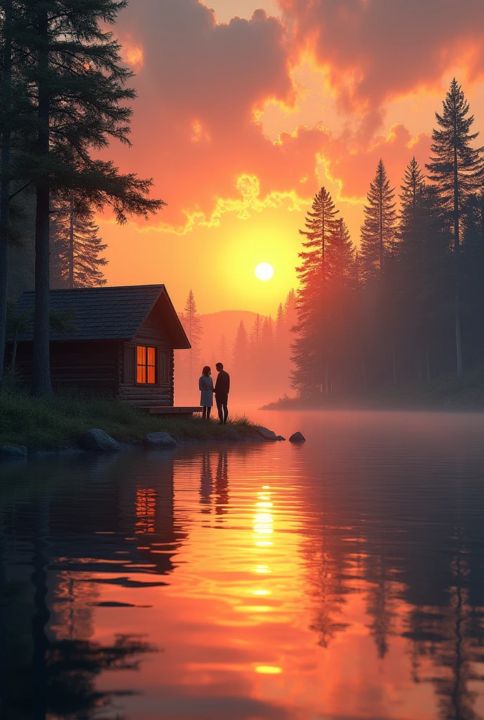 Sunset on a lake with a cabin surrounded by trees and a couple on the ...