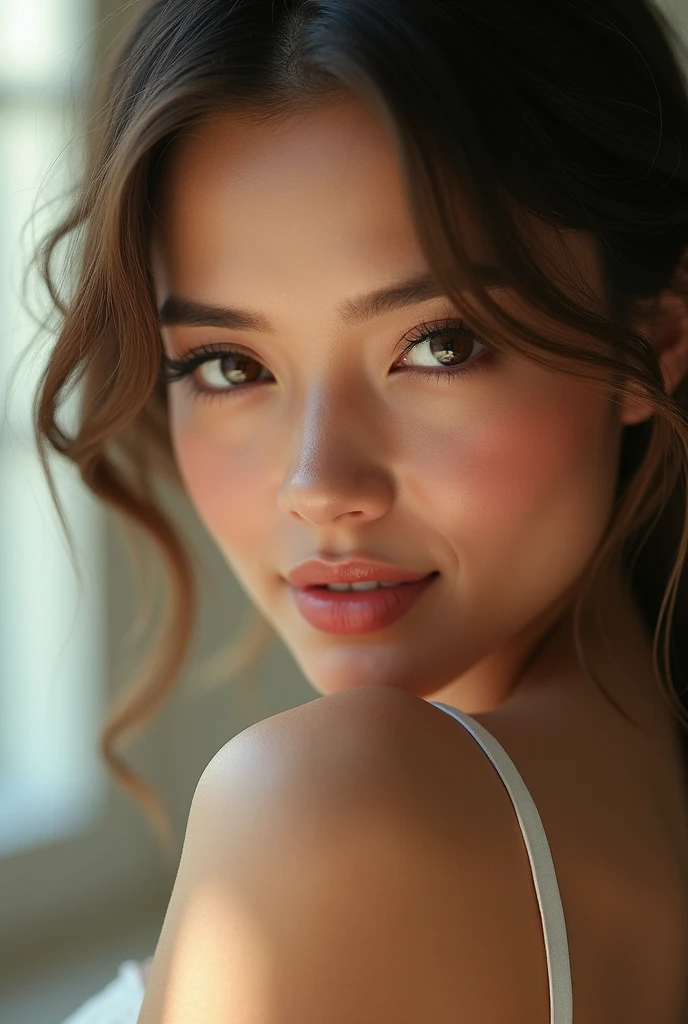 Ultra-realistic full-face, full-body photorealistic image of a 34-year-old goddess with a beautiful face, with deep brown eyes that captivate anyone who meets them. Her short brown hair falls gracefully, framing her face with elegance. Full lips paint a smile. a touch of mystery and charm. a playful and natural look to her appearance, giving you an aura of freshness. Her beauty is a harmonious blend of unique and captivating features, making her irresistibly attractive.