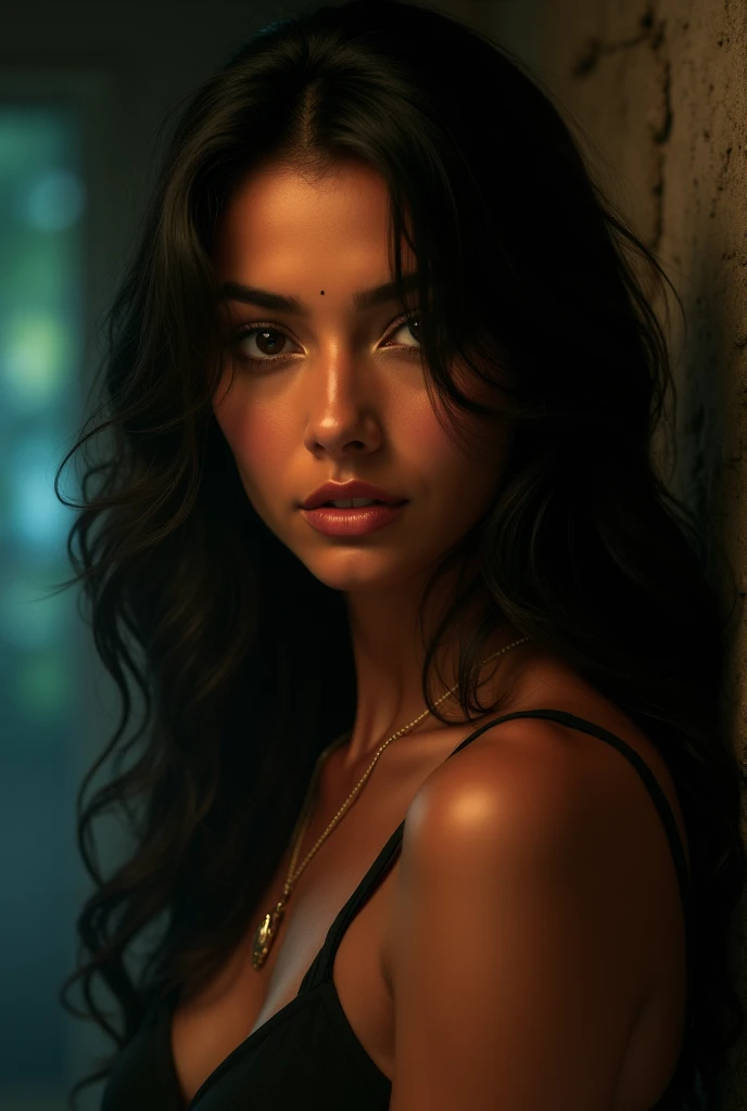 ((masterpiece)), (photorealism:1.9), soft lighting, by Greg Rutkowski, by Alphonse Mucha, sharp photo, 1 girl from india, black oversize tank top, small breasts, long black hair, brown eyes, medium body size