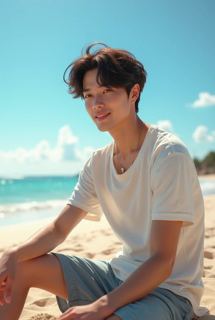 young asian man looking at camera in a blue polo shirt , seaside beach sunshine looking at the sea