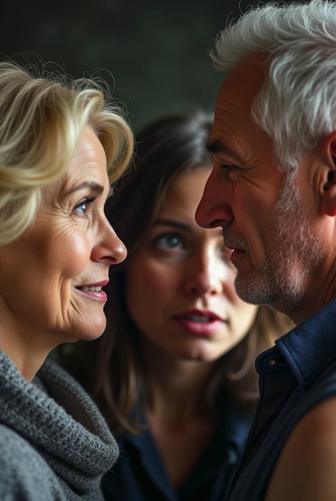 age difference man and woman Russian couple, photo of two people, Male in his 60s, Female in her 30s, female on lap, background is room at night, woman that big breasts and slender figure, Realistic teeth, double eyelids, smile, waist up shot