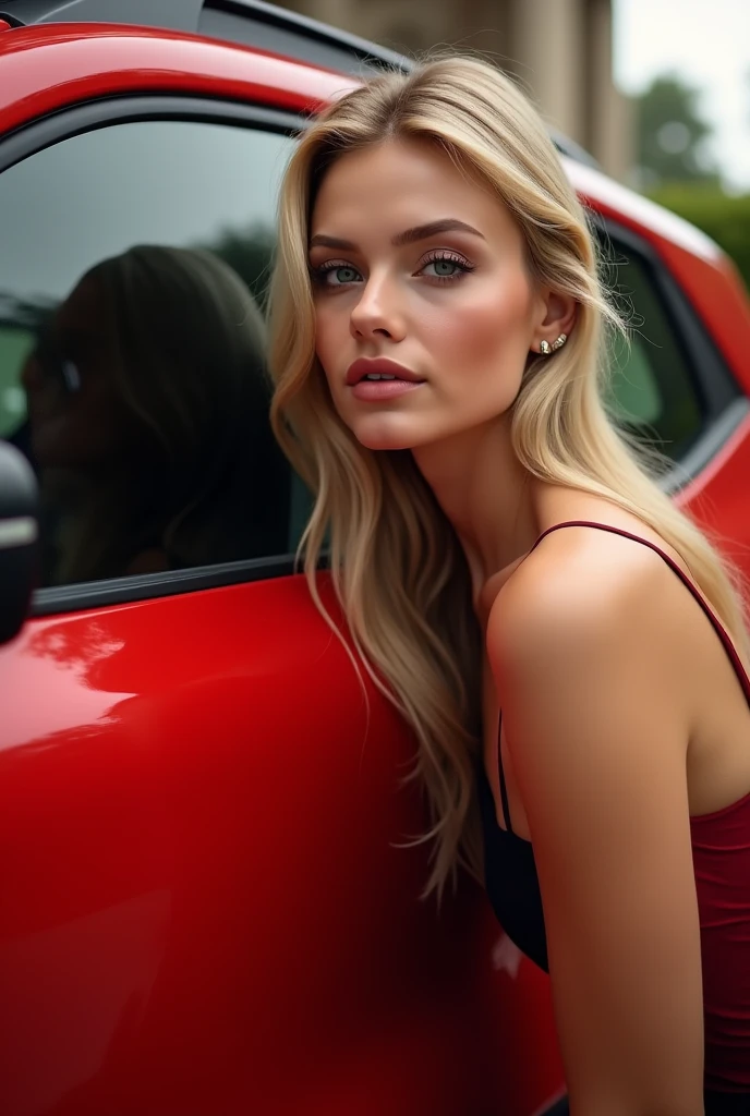 Realistic beautiful blue eyed blonde woman with red Camaro with black wheels