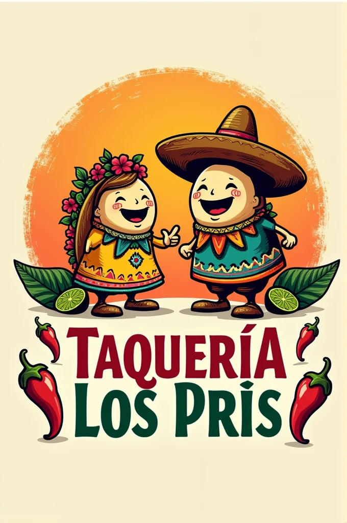 Generates a cartoon-style logo with 2 girls with skull heads, one of the girls with a mariachi hat with a marigold flower, and a sign that says Taquería las hermanas, the background transparent, in the style of the Disney movie Coco