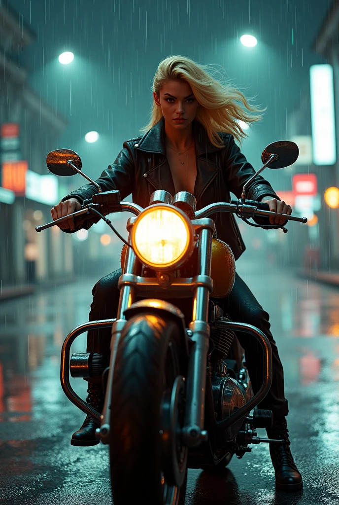 Hard Locker、Heavy Metal、The most beautiful bad girl、dangerous、A tall, beautiful girl with long legs、Riding a big bike、Coming running、Pouring rain、Puddle、Leather jacket、Dark grey tight denim、Hard Leather Boots、Silver Hair、Red Hair、sunglasses、Armament、Dispute、Big city streets at night、Illuminated by street lights、