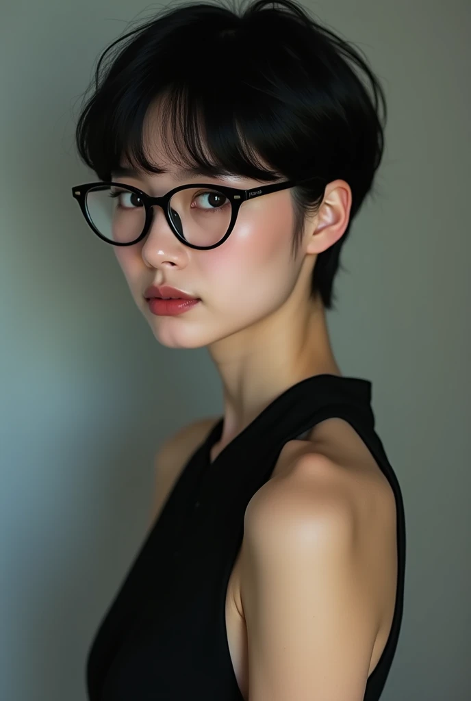 Beautiful girl with very short hair showing her naked ass and wearing glasses 