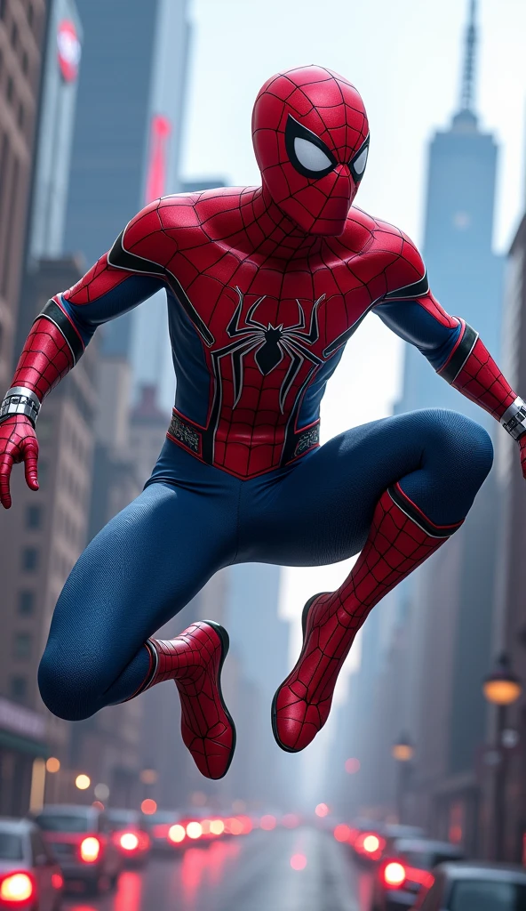 RAW,1boy, (A charming 18-year-old Chinese boy: 1.5), (no mask, face: 2), handsome, Spider-Man classic pose, shooting spider silk, masterpiece, super fine photo, best quality, super high resolution, photorealistic realism, sunny handsome, full body portrait, delicate face, vibrant eyes, (viewed from the side), he is wearing a futuristic steel man Spider-Man costume, very detailed background, detailed face, detailed complex busy background, highly detailed skin, realistic skin details, visible pores, sharp focus, volumetric fog, 8k UHD, DSLR, high quality, film grain, photo realism, wheat-colored skin, (lower body bulge: 1.5)