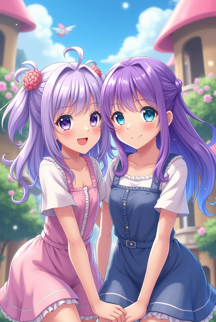 Two friendly anime girls ,  one with light purple hair and the other with purple hair with light blue but you can't tell that it's made with AI