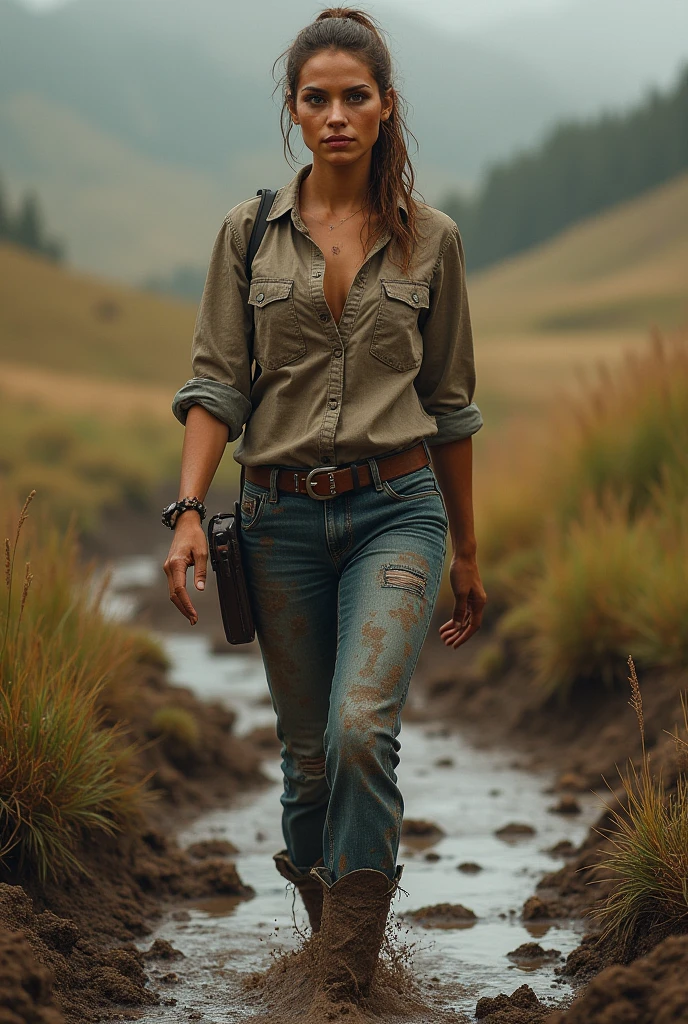 "((hyperrealistic, photorealistic, 8k, intricate details)), ((360º high frontal panoramic angle image)), 1 a beautiful archaeologist with blue eyes and brown hair, full breasts, thick thighs, silky skin, sweaty face, sweaty (damp) body, wearing a beige safari hat, a beige short-sleeved shirt and a pair of jean shorts, boots, is sneaking through a forest, through the wild vegetation, dirty with mud, under a fine rain (damp effect, wet)"