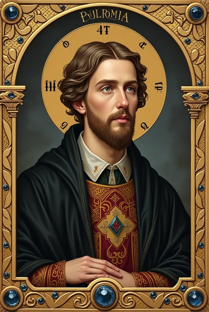 Create a portrait of Evangelista Giovanni in the style of the Carolingian miniature in a stylized way