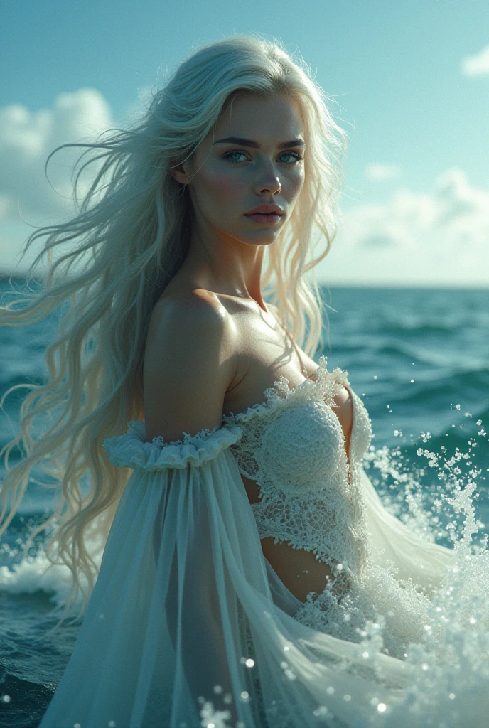 character the body is made of water, water element Creature, wet, dance with water, beautiful, proud, high detail, masterpiece, white long hair, Against the backdrop of sea, skin emits light, eyes emits light, athletic body, erotic outfit, a corset of water, hair water colors
