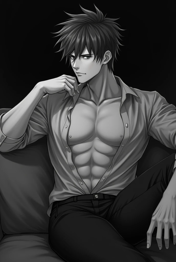 Kiritsugu Emiya, Shirtless, muscular, massive, sweaty, and hairy chest, wearing Calvin Klein boxers, liying sideways in bed.