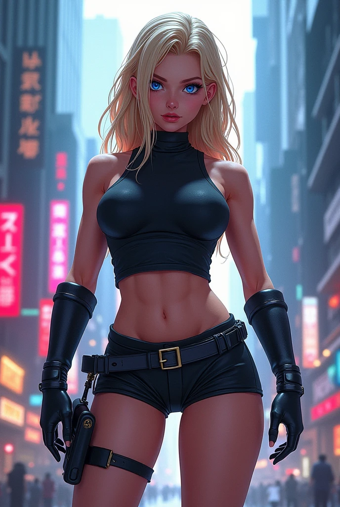 Amber Valletta short curly blonde hair beautiful cybernetics looking at lingerie camera detailed muscles realistic masterpiece, Pose ativa, action pose, luz LED |, Gold Parts, franja, cabelo curto, vista traseira, Costas,a noite na chuva neon, Estilo cyberpunk
