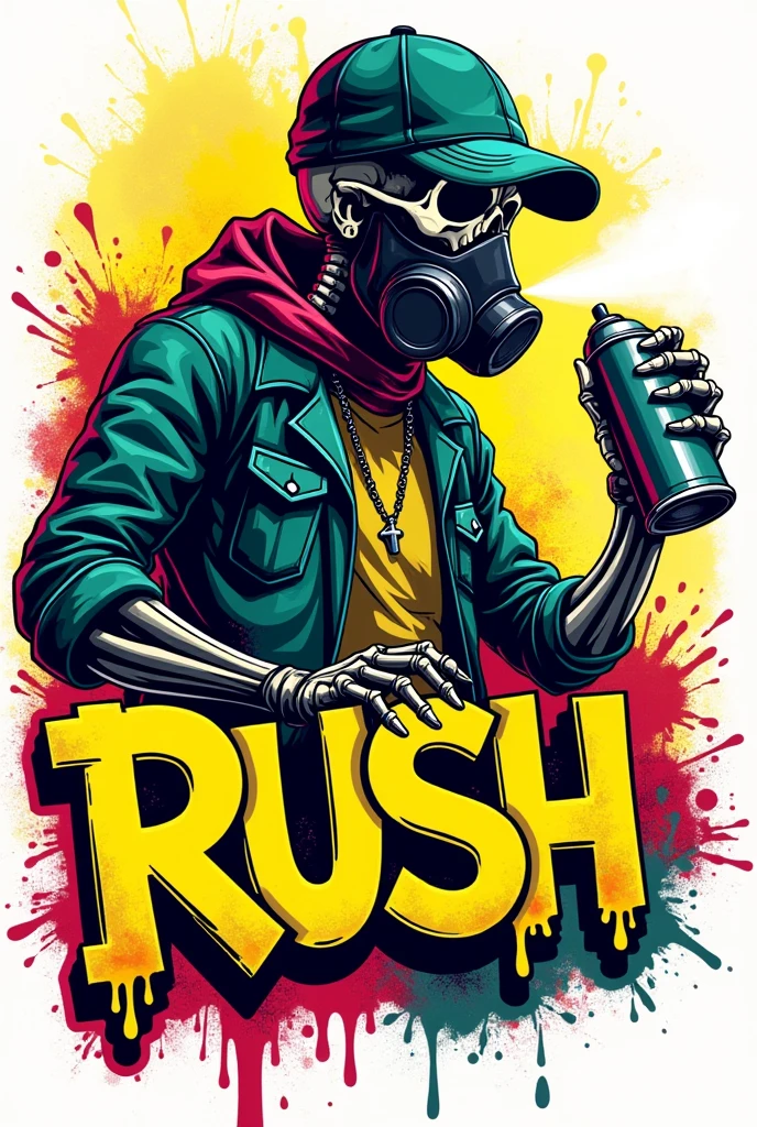 Skeleton in baggy urban clothing posing gangsta style with fingers, Behind a lowraider car green color with detailed graffiti on a completely white background, gangsta image, dynamic image, no shadows, On the white background a text saying (GANGSTA MUTILATION) 2D graffiti style, In the lower left corner a small graffiti signature saying (DANBOMMANE) detailed, 2D animated image in urban style