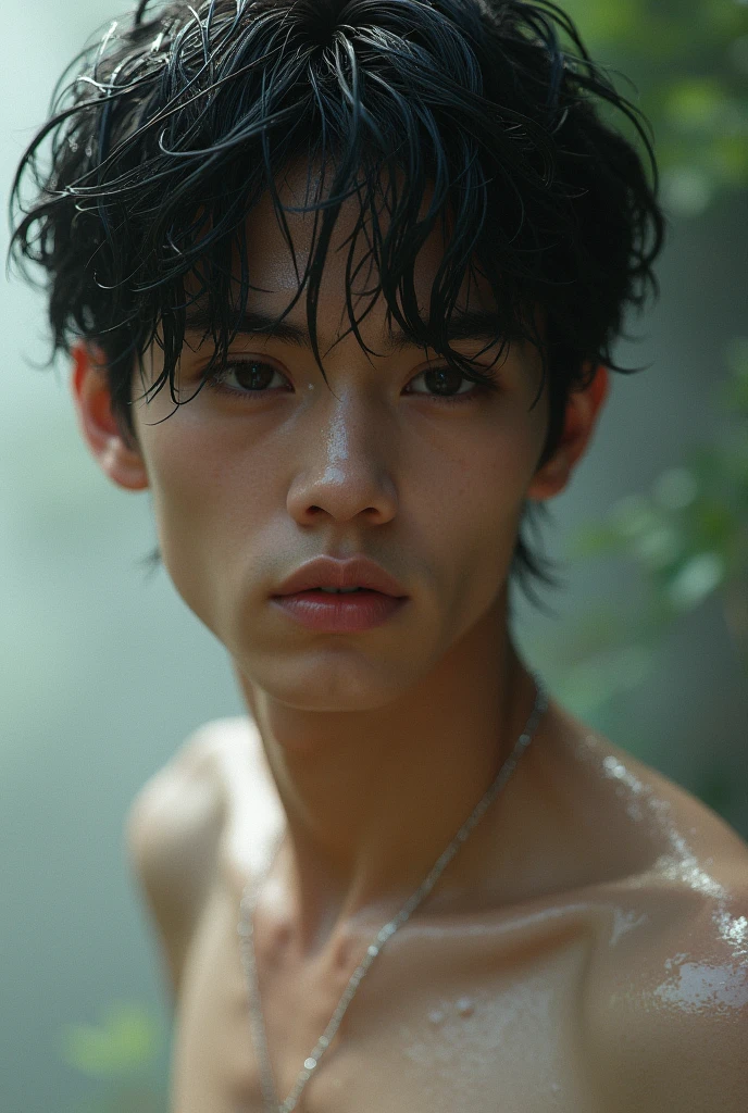 (tmasterpiece, high resolution, ultra - detailed:1.0), (1 young boy, young male), perfect male body, (adult male elf:1.3), delicate eyes and delicate face, extremely detailed CG, Bblack hair, Unity 8k papel de parede, Complicated Details, face detailed, (silver eyes, eye looking to camera, sorriso sexy, seductiveexpression, eyes half closed, short and messy hair, half a body in the mud pit, topless, mud bath, short hair and wet body), plein-air, flowers and trees, waterfall, portraite, color difference, Depth of field, dramatic shadow, ray tracing, best quality, Cinematic lighting, offcial art,