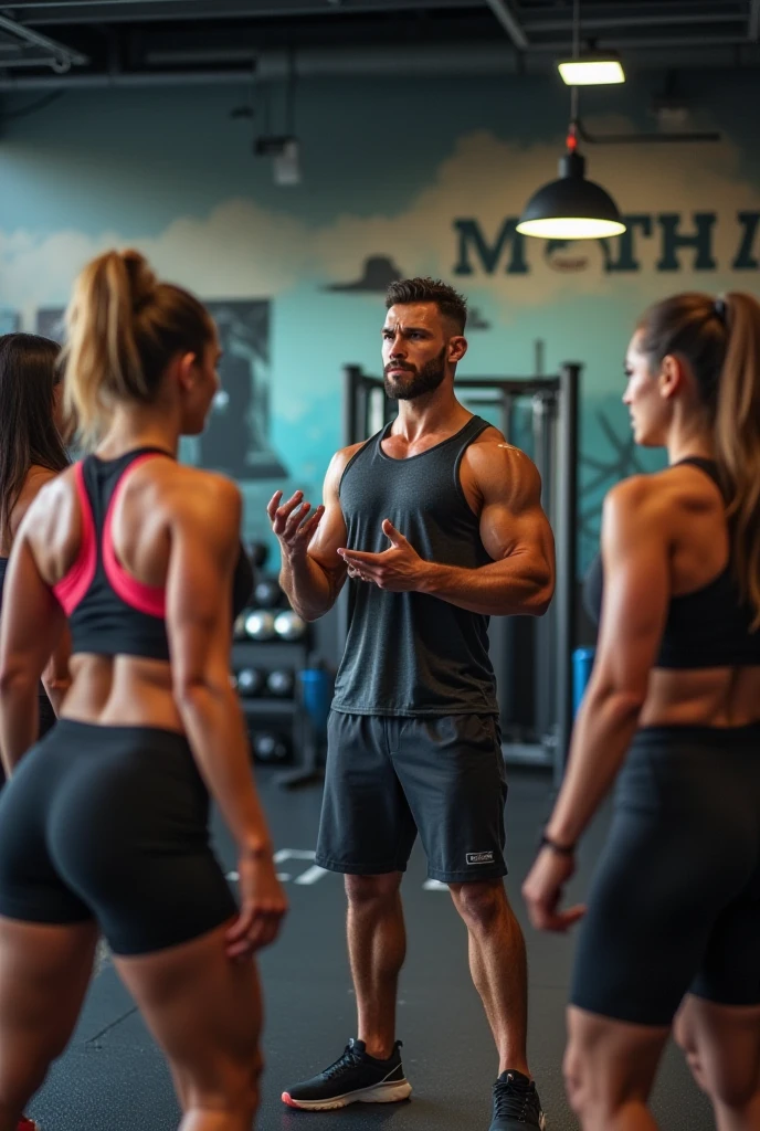 “A bustling gym with various exercise machines visible, including bench press, rowing machine, free weights, and leg press. The room is filled with students, both men and women, actively working out. In the middle of the aisle stands the gym instructor, a 24-year-old Black Brazilian woman with curly hair and a physique that reflects an active fitness lifestyle. She is wearing a black t-shirt with ‘PROFESSORA’ in the center. The instructor looks extremely tired and overwhelmed, with a visibly exhausted and stressed expression. Surrounding her are two women, one blonde and uma morena, each standing on either side of the instructor. Both are angrily complaining and demanding assistance. The image should be captured in ultra-realistic quality using high-end professional cameras and lenses, such as the Canon EOS R5 with an RF 50mm f/1.2L lens, to ensure sharp details and impressive realism. The photo should capture the intense atmosphere of the gym and the heightened emotions of the instructor and the two women.”