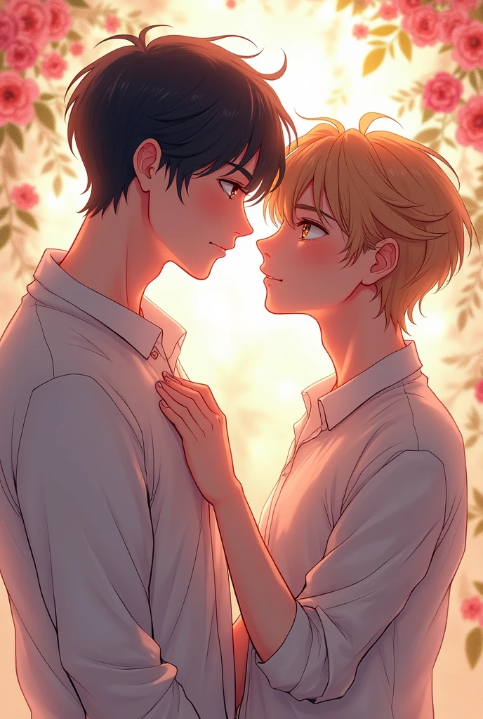 A couple in a romantic mood, standing close together in a picturesque setting. They are gazing into each other’s eyes with smiles that speak of deep affection. The man gently holds the woman’s hand, while she leans slightly into him, creating an intimate and tender atmosphere. The background features a beautiful sunset, casting a warm, golden glow over the scene. The environment around them is serene, with soft, natural light highlighting their faces and creating a magical, romantic ambiance.