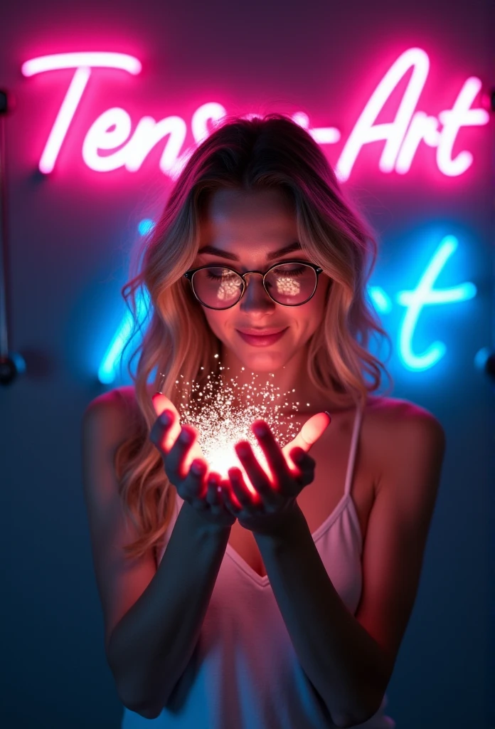 A portrait of a Khazakstan beautiful young woman holds light particles in front of her face in very dark room with both hands and show it to the viewer, in front of a dark grey wall with the words "Sea-Art" written in neon behind her, Word Sea in pink color neon and word Art in blue color neon. (Create a bright pink and blue ambience light in a room). She is wearing a white low cut camisole, titanium frame round glasses, (light particles reflecting on the glasses), (she's looking at the light particles and smile), slender body, sexy body, indoor, light blond long wavy hair, sexy moist lips, beautiful brown eyes. Highly detailed, intricate detailed, ultra sharp focus, (low contrast), dreamy, close up photo, pink and blue ambience neon light from left and right
