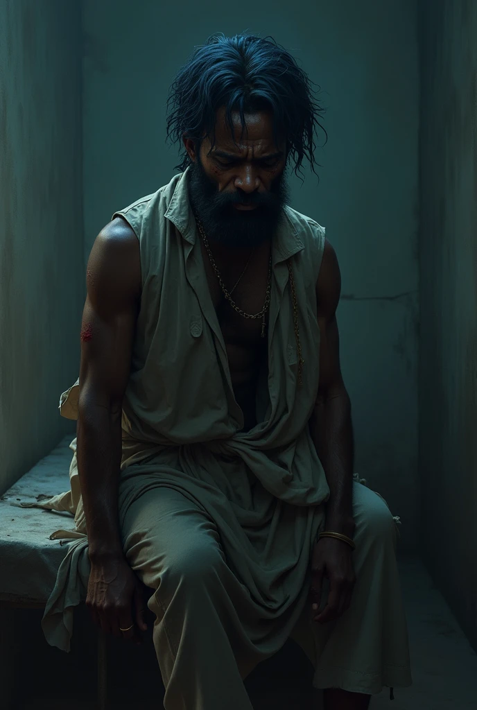 40-year-old man with black hair and a healed wound on his calf, And he's on a chair in a very dark empty room and you can see that the room is very dirty