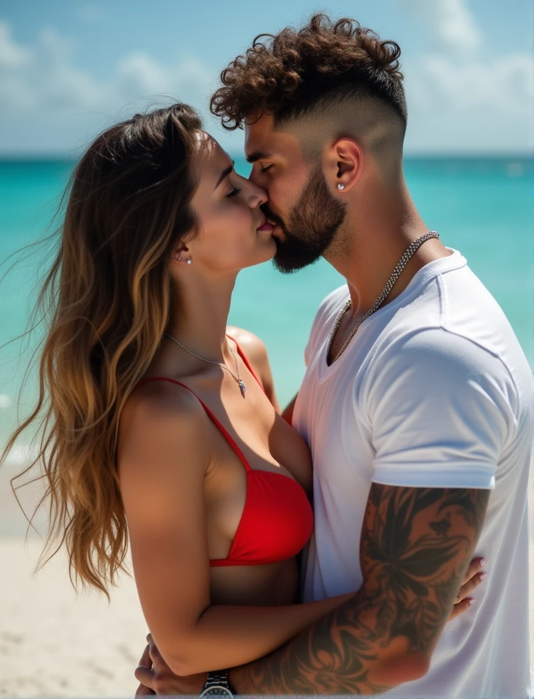 man, looking at the sunset, with a woman, in the middle of the beach, in a bathing suit, red sky, kissing