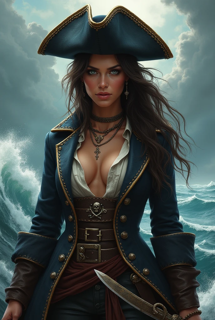 beautiful female pirate with hat, pirate captain, detailed face, beautiful eyes, full lips, long eyelashes, ornate pirate hat, feather in hat, intricate pirate outfit, embroidered coat, shiny jewelry, holding sword, stormy sea background, dramatic lighting, cinematic, vibrant colors, highly detailed, photorealistic