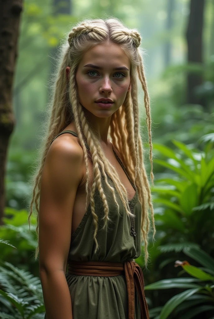 blond elf woman with dreads sitting on a log in the woods, white hair dreads, long dreadlocks, long braided white hair, beautiful wood elf, with aqua rapunzel dreadlocks, with white long hair, with long white hair, very beautiful elven top model, dreadlocks, dreadlock hair, wood elf, dreads, white witch