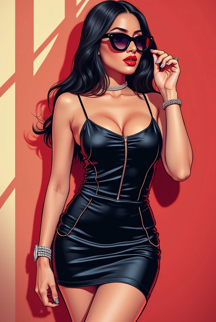 bad self centre ego high and mighty influencer japanese girl with sunglasses badass arrogant offensive attitude of superiority arrgantly drapping with gold chains on her neck moody flex her domination influence