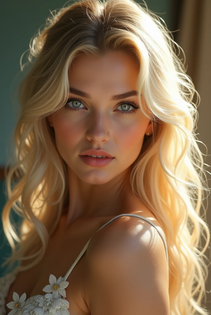 Create an image of a stunning woman with long, flowing blonde hair and striking blue eyes. She has a captivating presence, with a radiant smile that lights up her face. Her hair contrasts beautifully with her dark, elegant outfit, adding a touch of mystery to her overall look. The background should be soft and dreamy, enhancing her enchanting aura