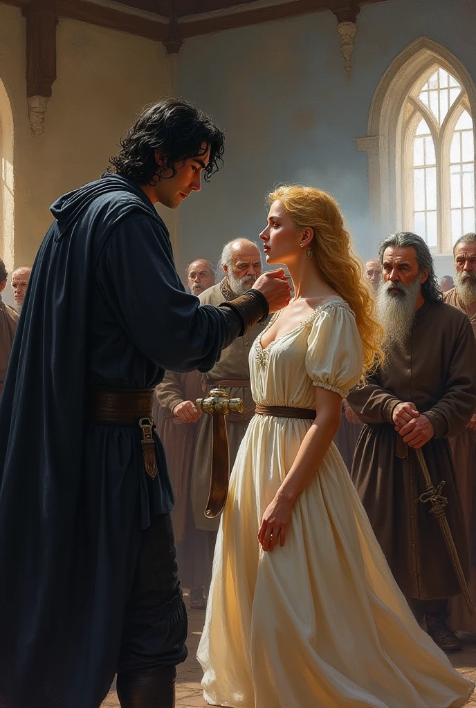 there is a painting of a man and woman kissing in front of a brick wall, inspired by Edmund Leighton, romance novel cover, renaissance digital painting, jesus kissing a maria maddalena, romantic era painting, by Edmund Leighton, romeo and juliet, inspired by Francesco Hayez, the kiss, peasant boy and girl first kiss, charlie bowater and tom bagshaw