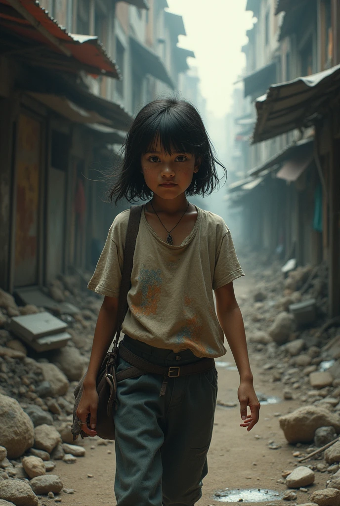 highly detailed image, soft light, light haze, masterpiece, shot like from a military chronicle, a misty, gloomy morning, a girl makes her way through the ruins of a village, dressed in torn denim shorts with a low waist, a ragged short khaki T-shirt with a large neckline, breasts and nipples are visible, disheveled short dark hair, fluffy eyebrows, large clear blue eyes, fright, bleeding cuts on her arms and legs, a battered small backpack behind her back