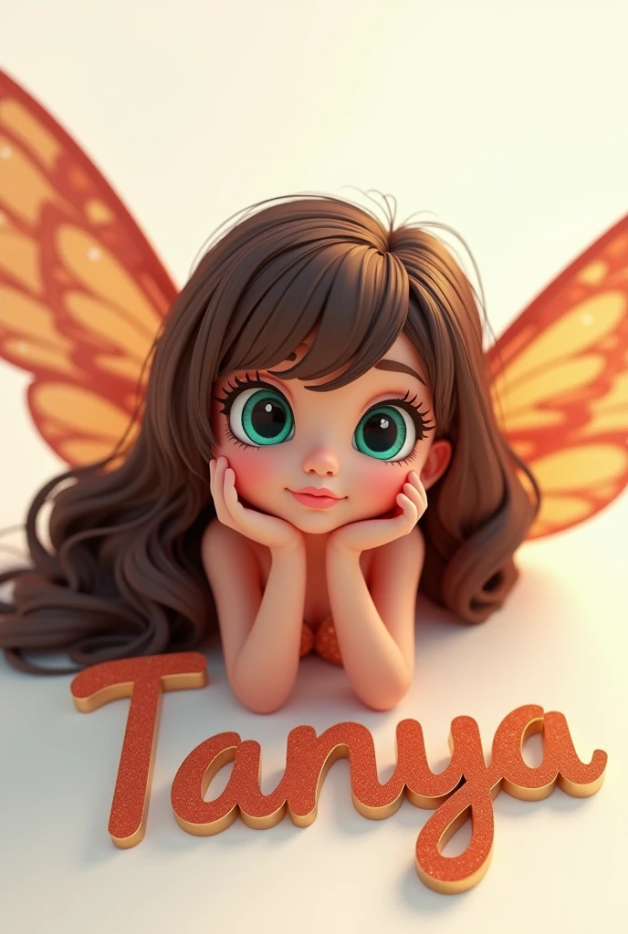 original photo of beautiful 5 year old Indonesian child wearing white clothes & beautiful long hair in pink dress sitting on a big beautiful blue butterfly, pink, yellow and orange, perched on a large green leaf, wide and artistic. In front of the butterfly there is a 3d design letter "AIRA" with nice thick gold letters written clearly. morning dew drops, small flowers and fallen leaves around it, very beautiful picture, rendering 3d, photography, very clear details, HdR