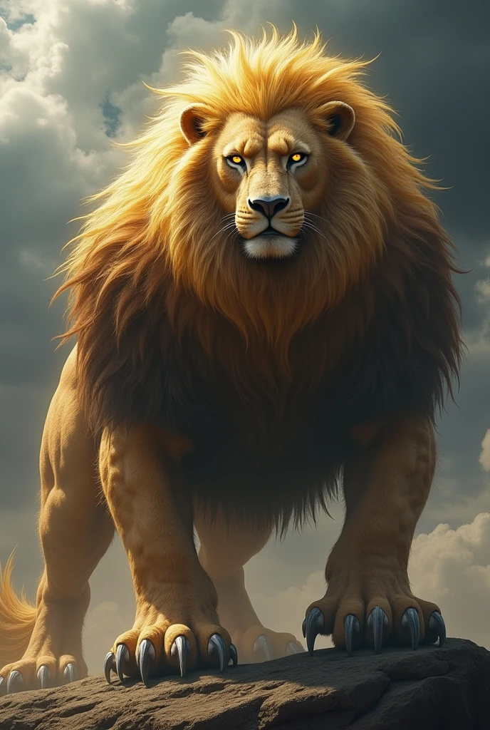 Generate an image of a colossal, mythical lion, a creature of immense size and strength.